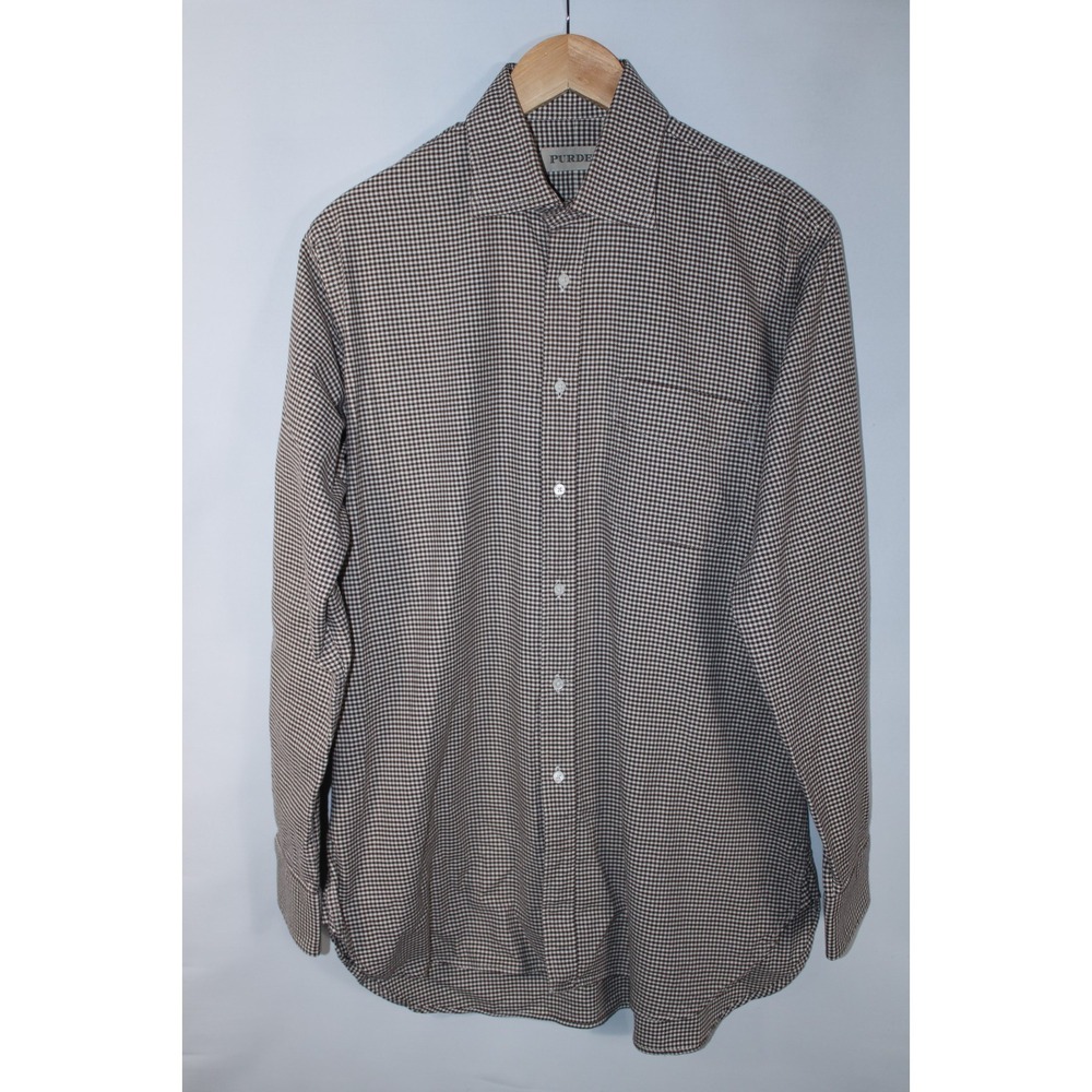 Purdey Men's Size 15.5 Brown Beige Check Business Formal Long Sleeve Dress Shirt